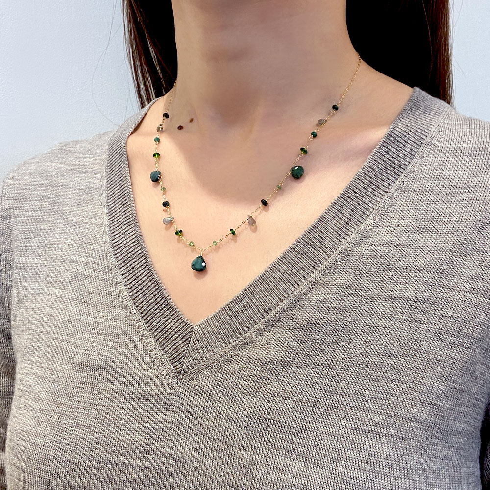 K18 エメラルド ダイオプサイト フェルスパー ラブラドライト  ネックレス