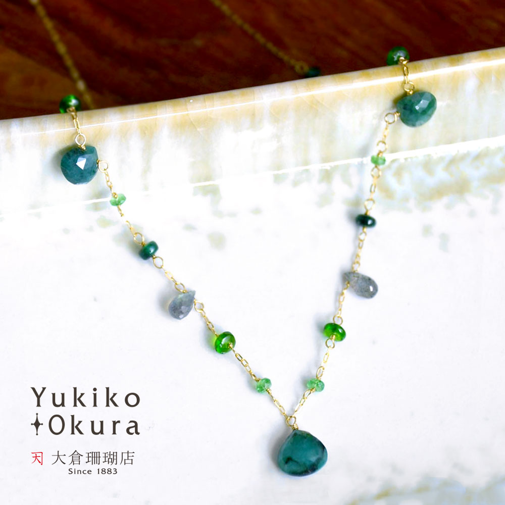 K18 エメラルド ダイオプサイト フェルスパー ラブラドライト  ネックレス