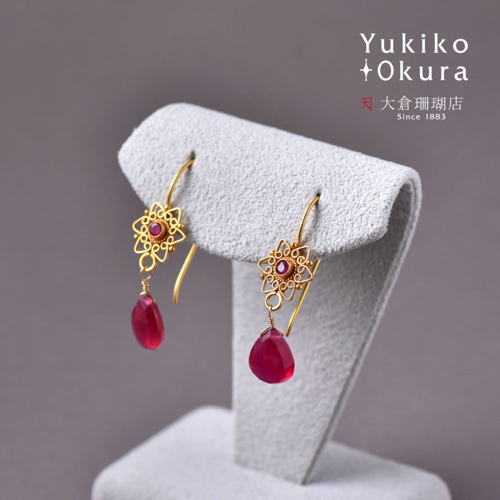 K18 ルビー ドロップ フラワー ピアス