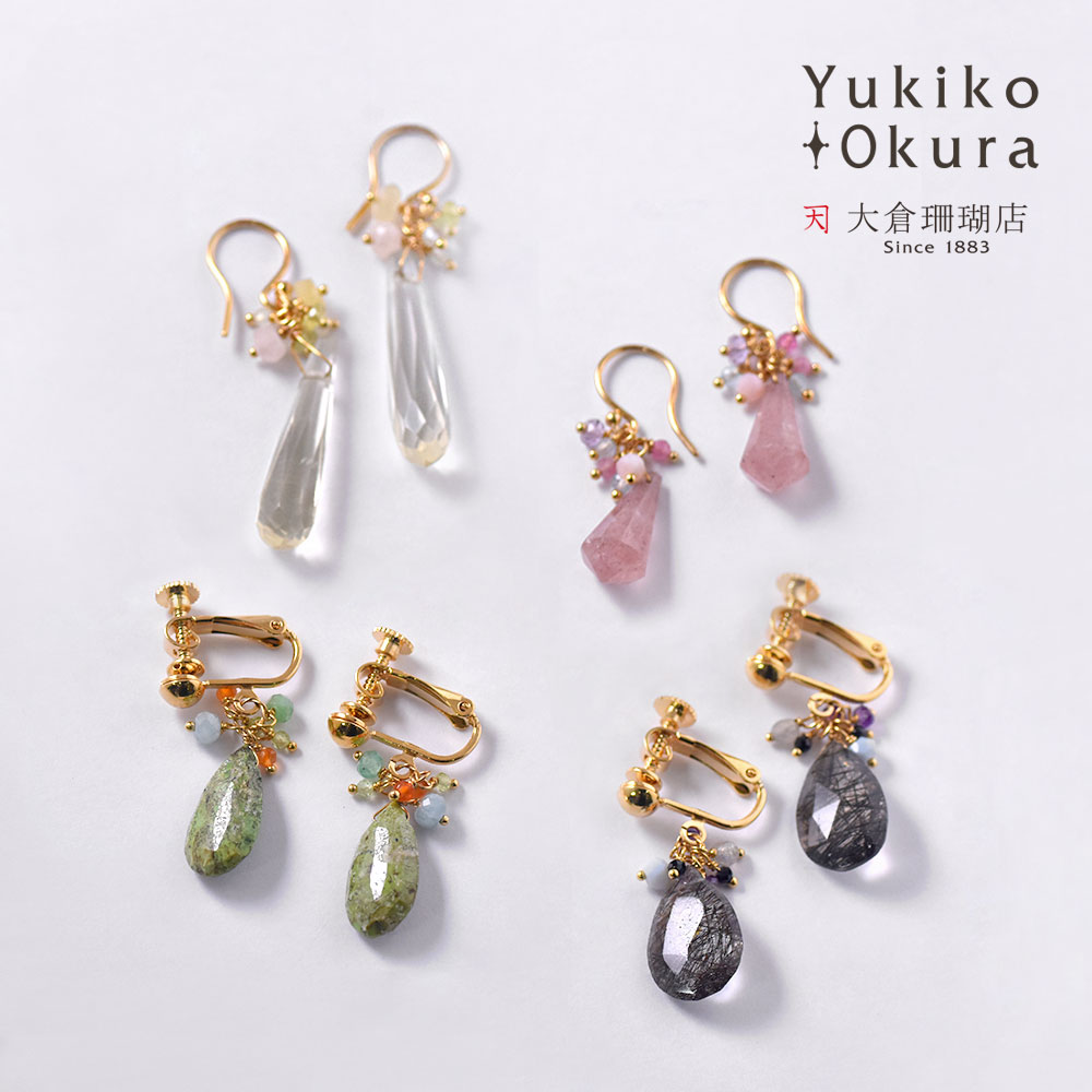 天然石 フリンジ イヤリング ピアス(ストロベリークォーツ・ガスパイト・レモンクォーツ・ブラックルチル)　
