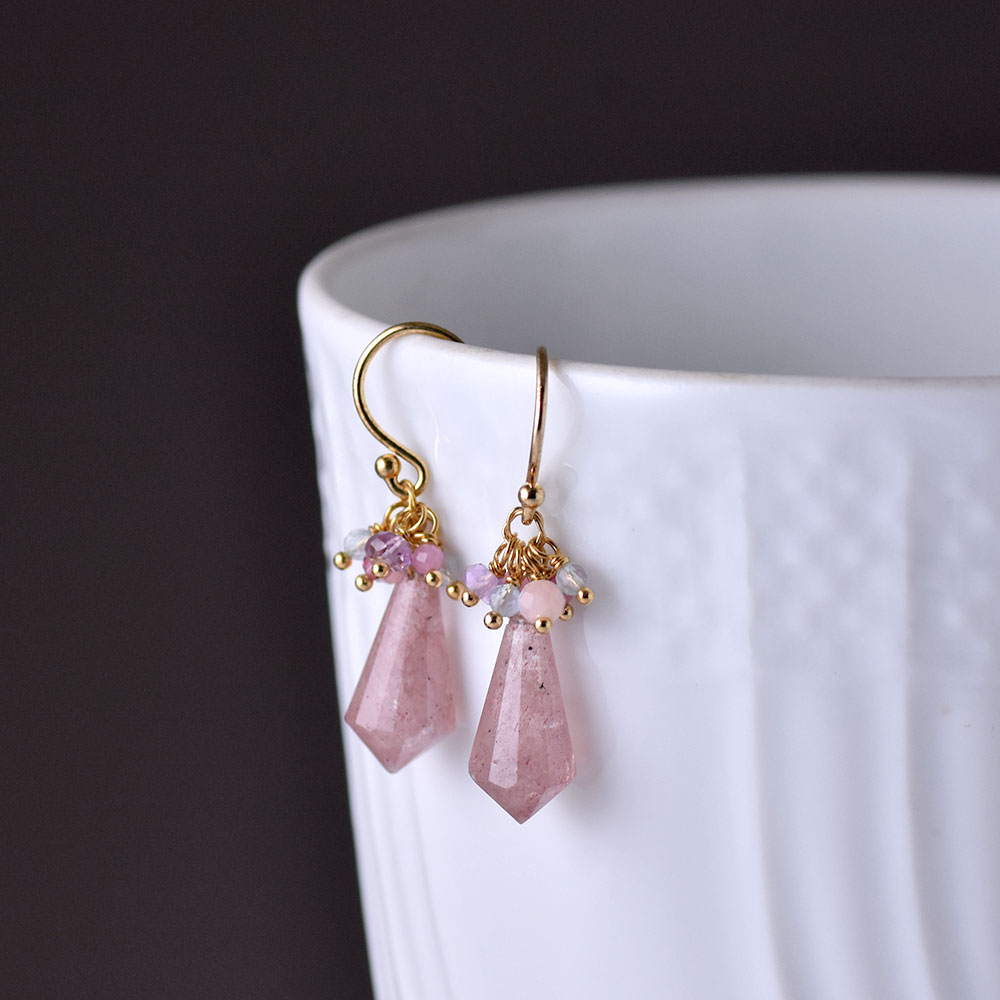 天然石 フリンジ イヤリング ピアス(ストロベリークォーツ・ガスパイト・レモンクォーツ・ブラックルチル)　
