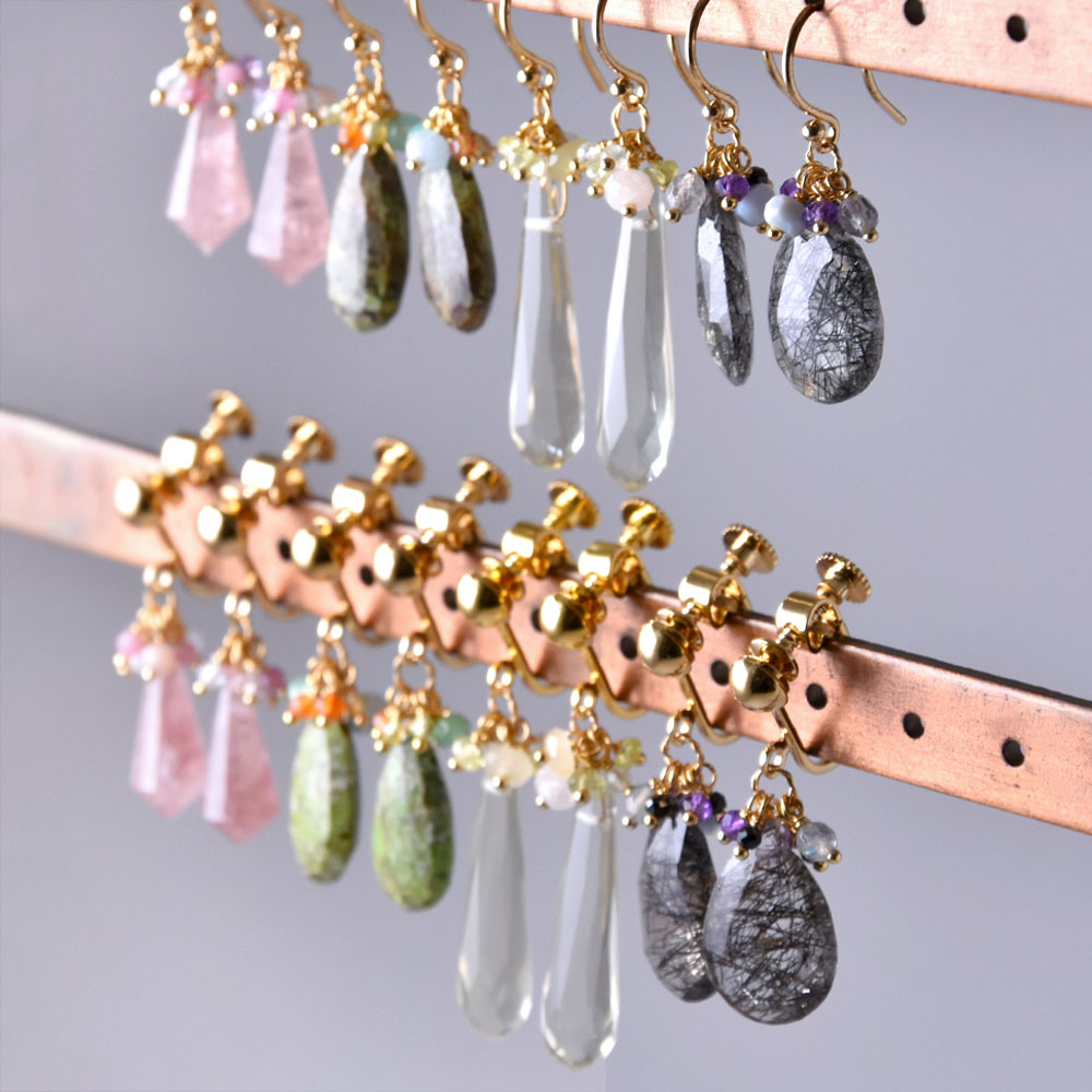 天然石 フリンジ イヤリング ピアス(ストロベリークォーツ・ガスパイト・レモンクォーツ・ブラックルチル)　