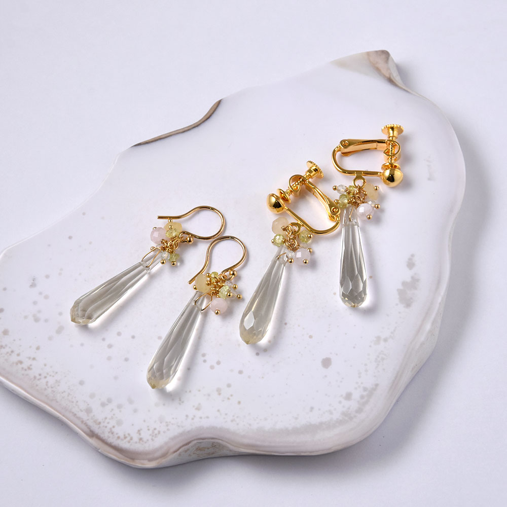 天然石 フリンジ イヤリング ピアス(ストロベリークォーツ・ガスパイト・レモンクォーツ・ブラックルチル)　