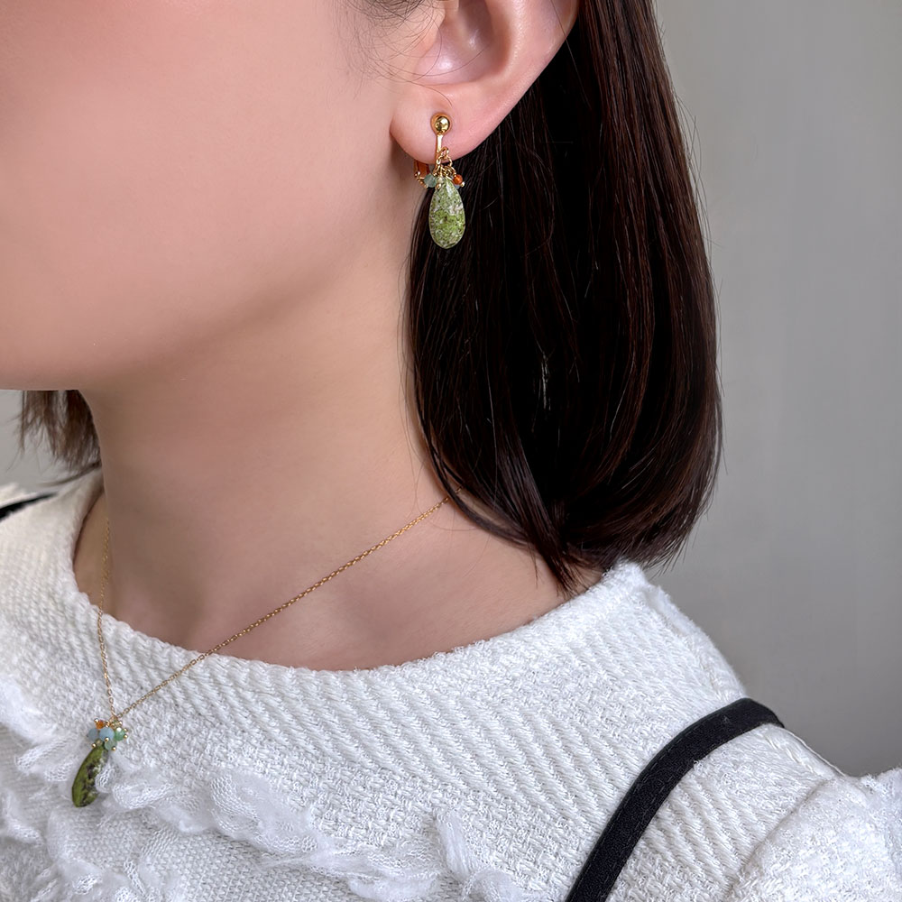 天然石 フリンジ イヤリング ピアス(ストロベリークォーツ・ガスパイト・レモンクォーツ・ブラックルチル)　