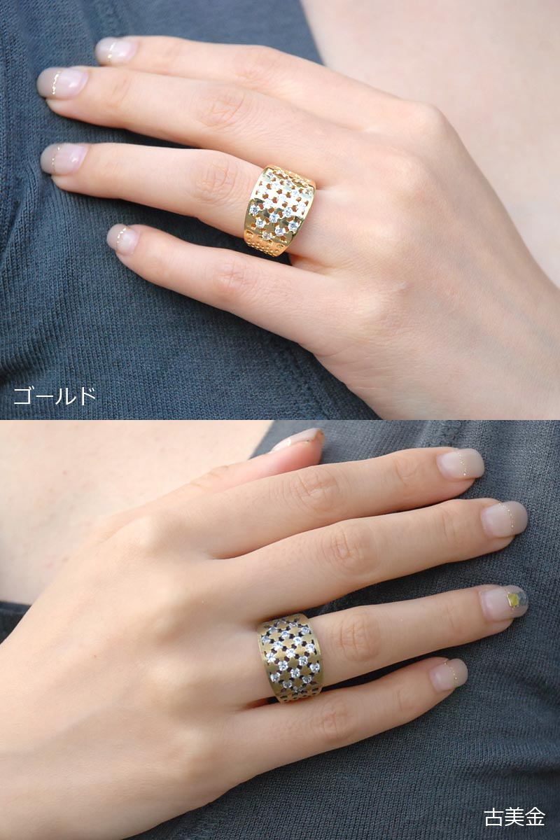 SV925 ラウンド クロス キュービックジルコニア リング(ゴールドカラー・古美金カラー)