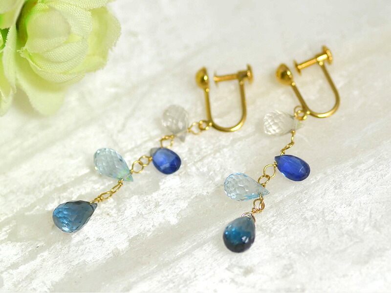 K18 ロンドンブルートパーズ ブルートパーズ ホワイトトパーズ フリンジ イヤリング