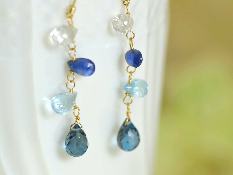 K18 ロンドンブルートパーズ ブルートパーズ ホワイトトパーズ フリンジ イヤリング