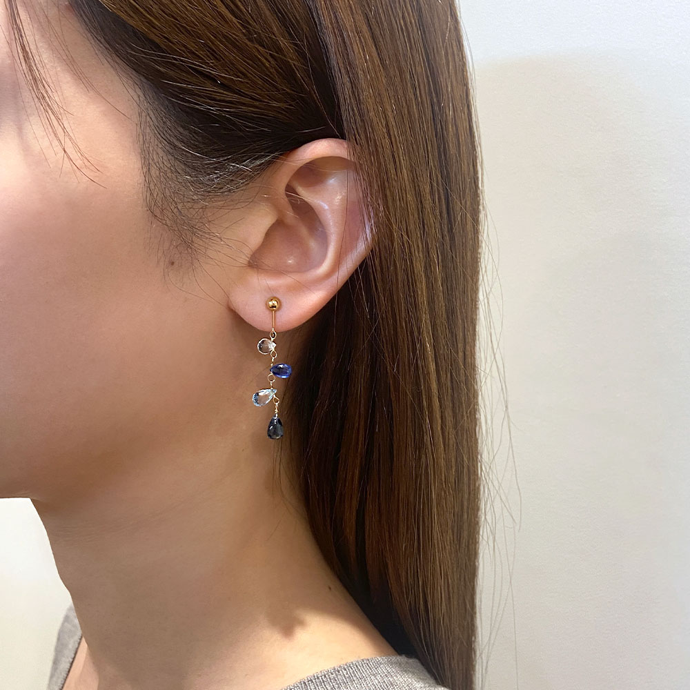 K18 ロンドンブルートパーズ ブルートパーズ ホワイトトパーズ フリンジ イヤリング