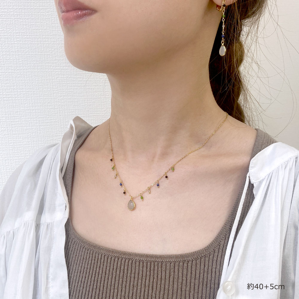 グレイムーンストーン ドロップ マルチカラー フリンジネックレス
