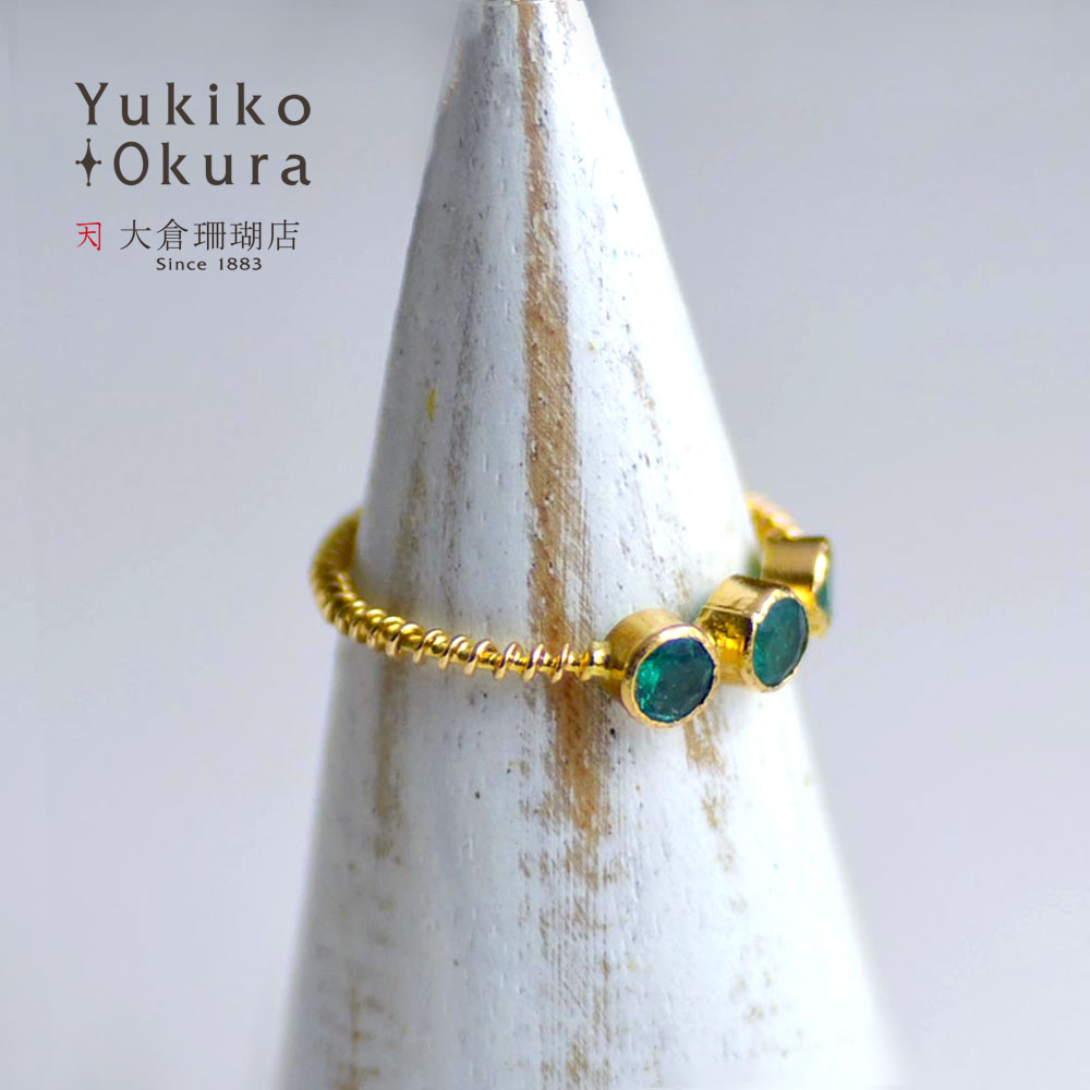 K18 エメラルド ラウンド3石 リング