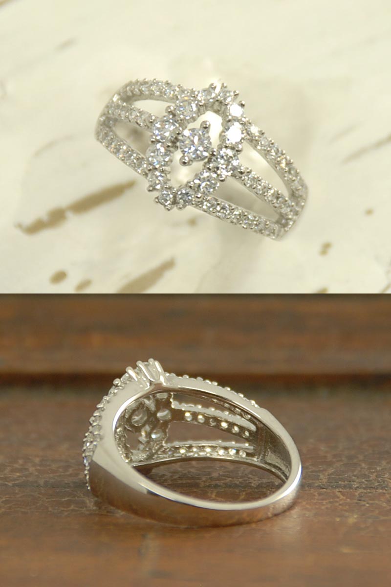 SV925 キュービックジルコニア オーバル 透かし リング(シルバーカラー)