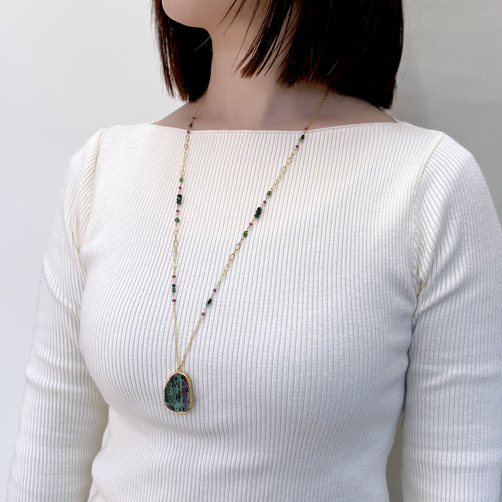 シルバー925(ゴールド仕上げ) ルビーインゾイサイト ルビー トルマリン ペンダントネックレス