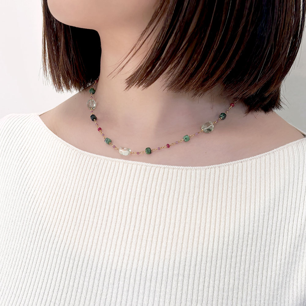 天然石 キューブ ピンつなぎ ネックレス(ピンク系・ブルー系・グリーン系・イエロー系)