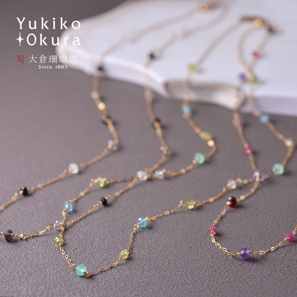 K18 天然石 ステーションネックレス(ブラック系・ピンク系・グリーン系)