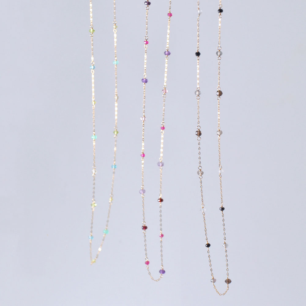 K18 天然石 ステーションネックレス(ブラック系・ピンク系・グリーン系)