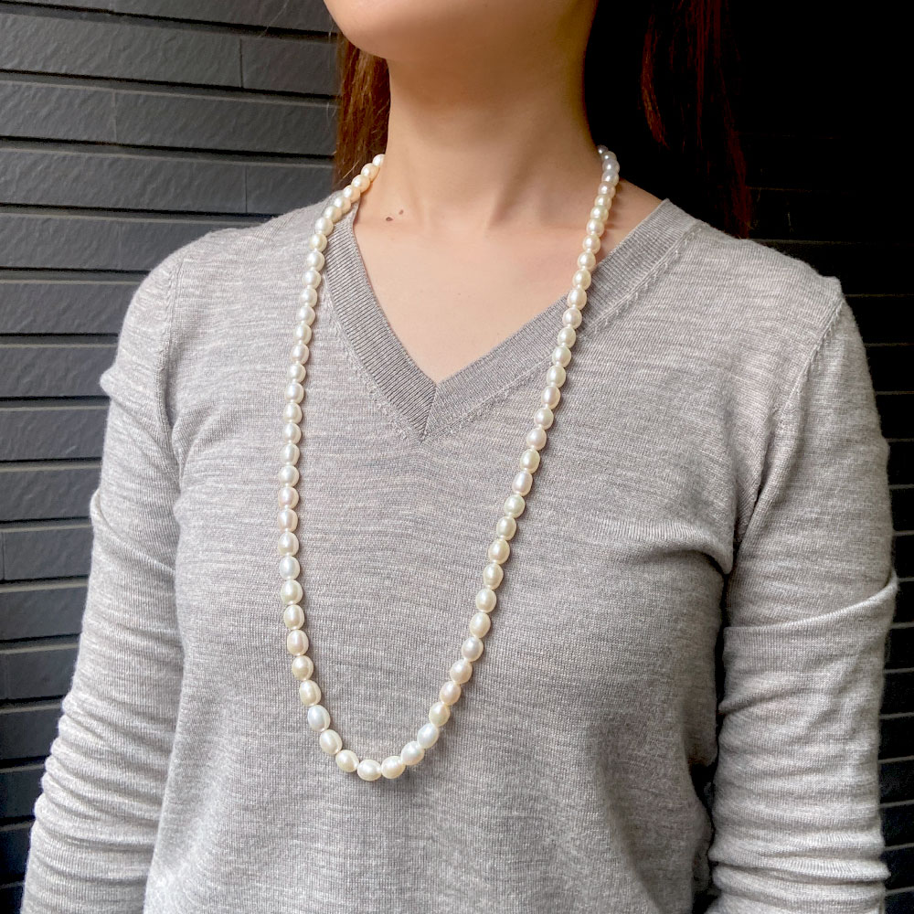 淡水パール ビッグサイズ ライス 85cmネックレス(シルバー ホワイト ベージュ)　