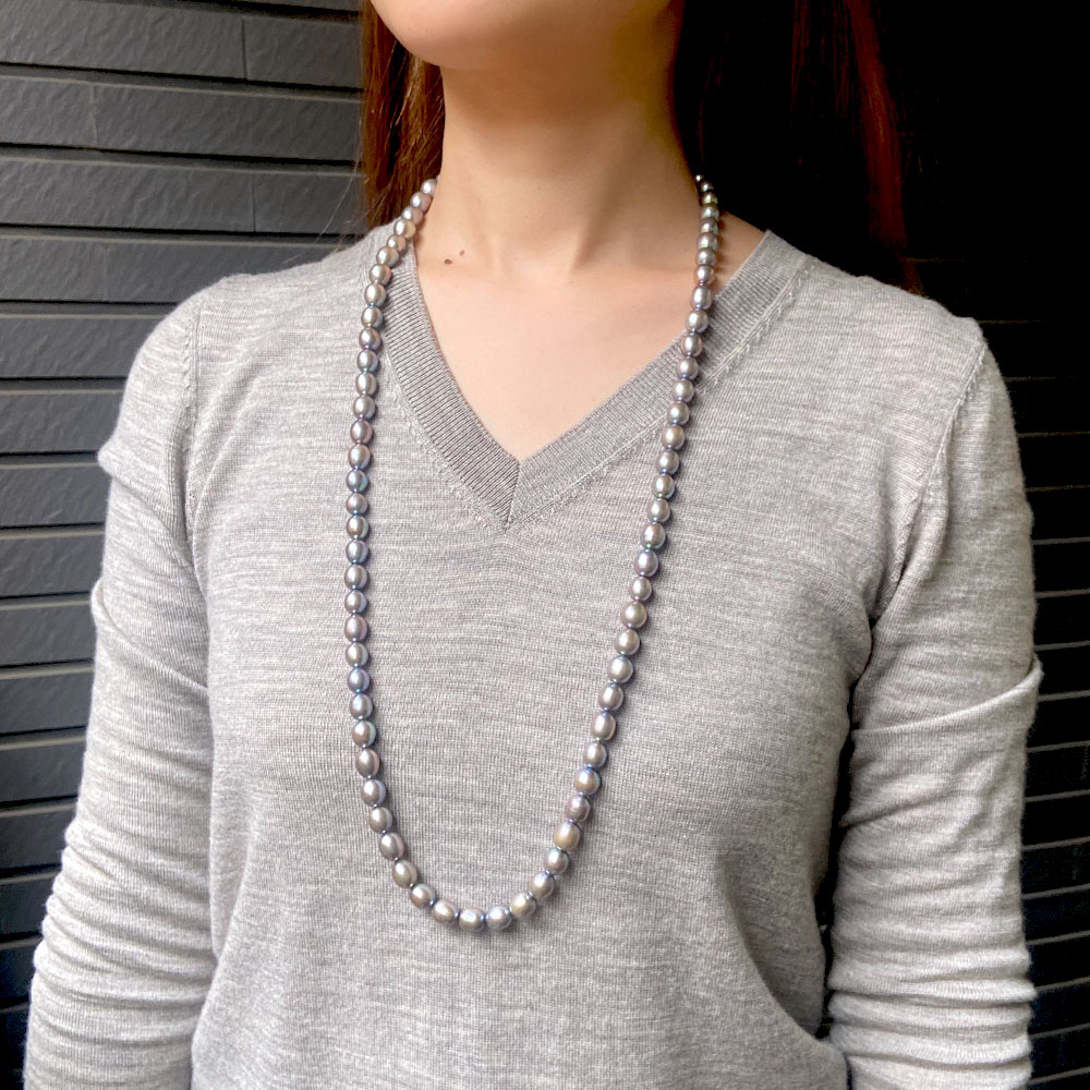淡水パール ビッグサイズ ライス 85cmネックレス(シルバー ホワイト ベージュ)　