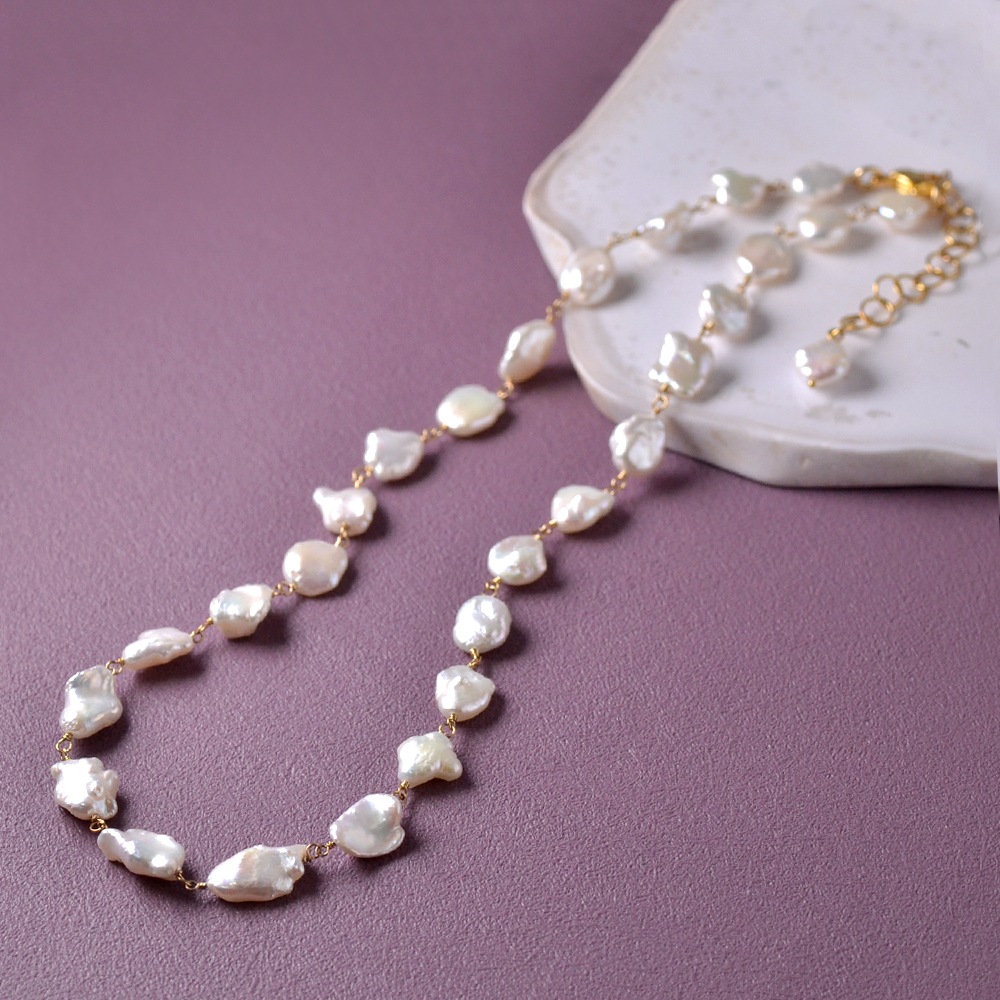 淡水パール ホワイト ケシ バロック シャンク巻きネックレス