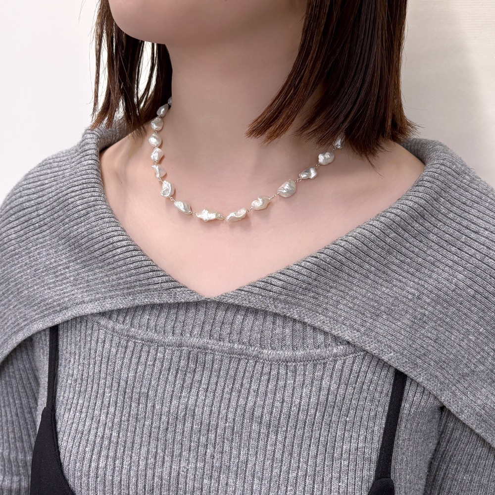 淡水パール ホワイト ケシ バロック シャンク巻きネックレス