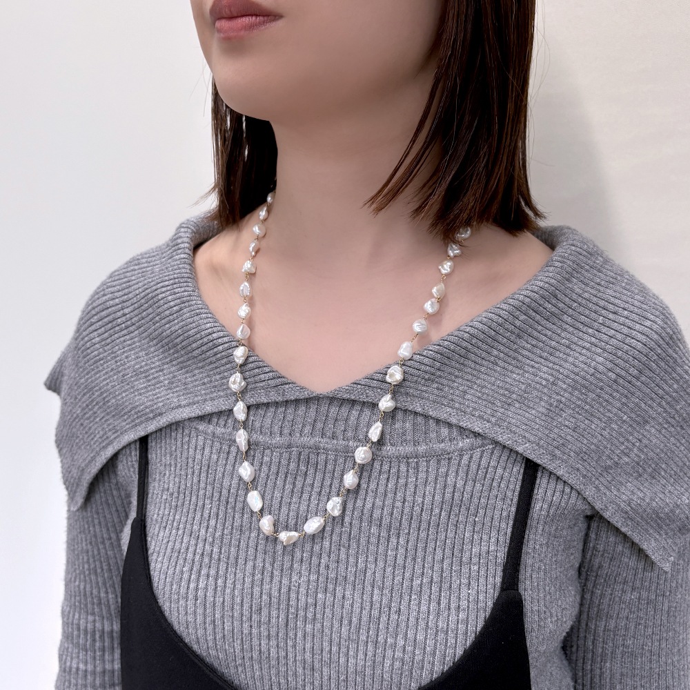 淡水パール ホワイト ケシ バロック シャンク巻きネックレス