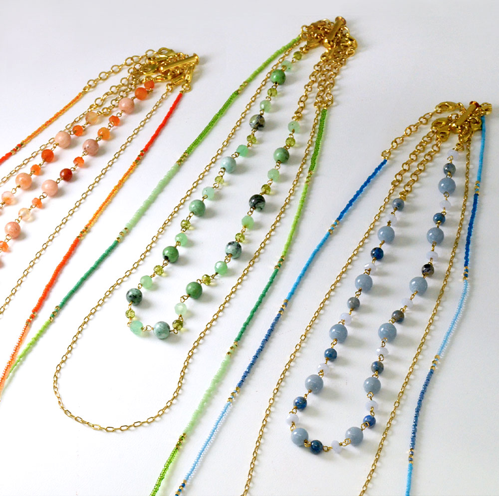 天然石 多連ネックレス(オレンジ系・グリーン系・ブルー系) 3連でも 3本にも