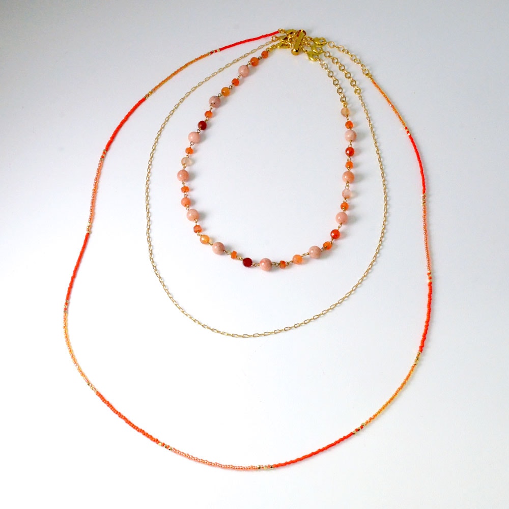 天然石 多連ネックレス(オレンジ系・グリーン系・ブルー系) 3連でも 3本にも