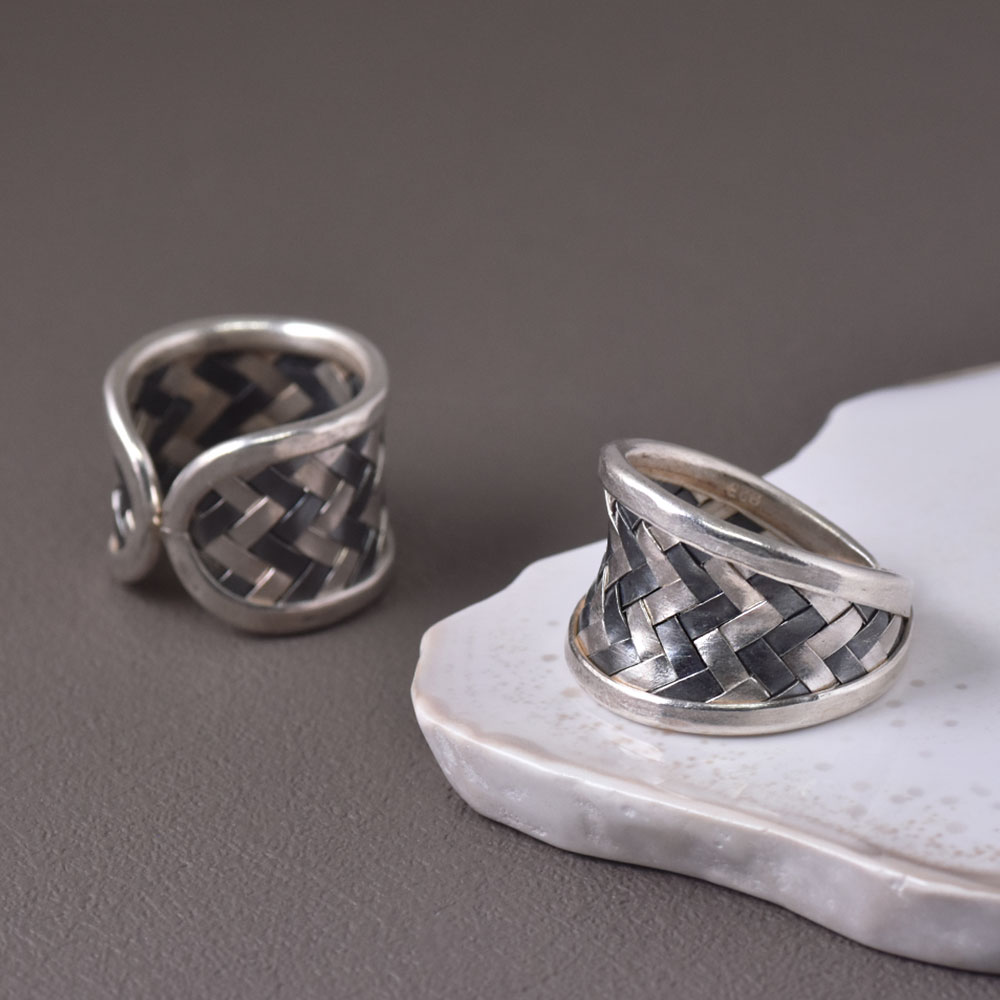 シルバー925 ハンドメイド コンビカラー編みこみリング