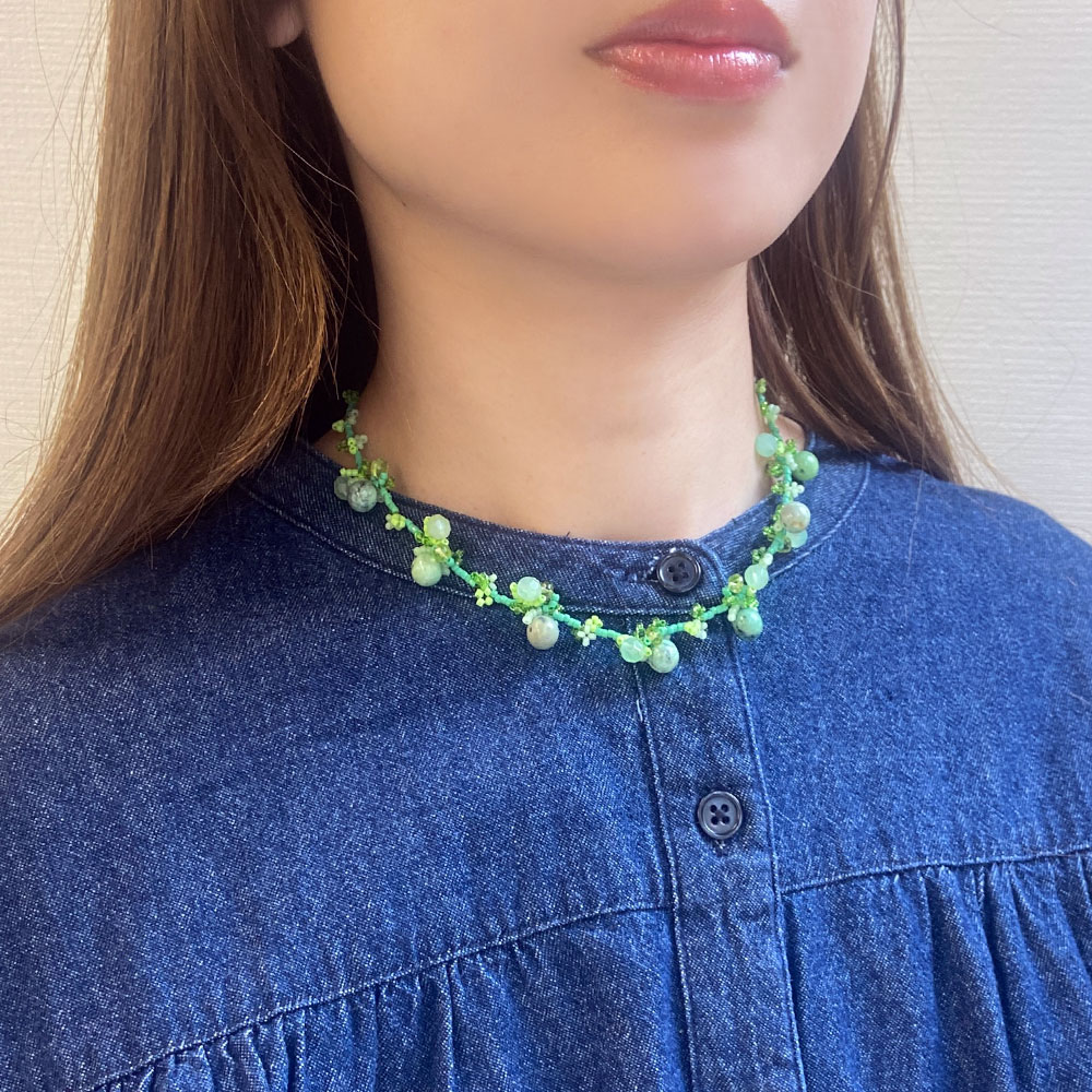 ハンドニット 天然石 ネックレス(オレンジ系・グリーン系・ブルー系)