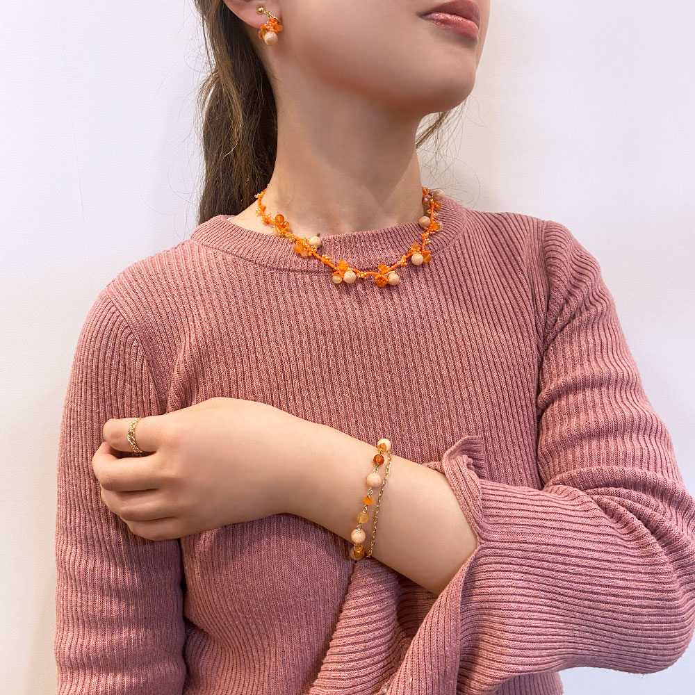 ハンドニット 天然石 ネックレス(オレンジ系・グリーン系・ブルー系)