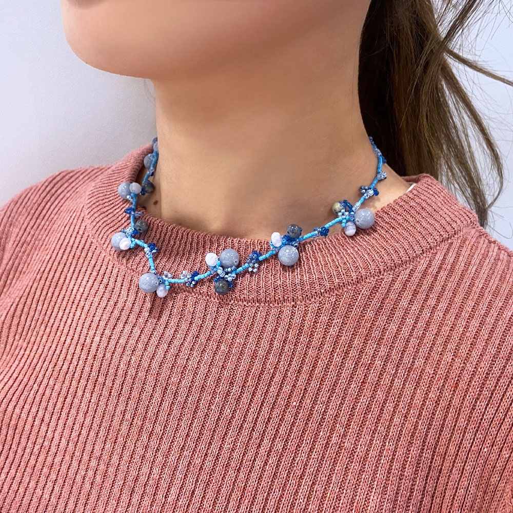 ハンドニット 天然石 ネックレス(オレンジ系・グリーン系・ブルー系)