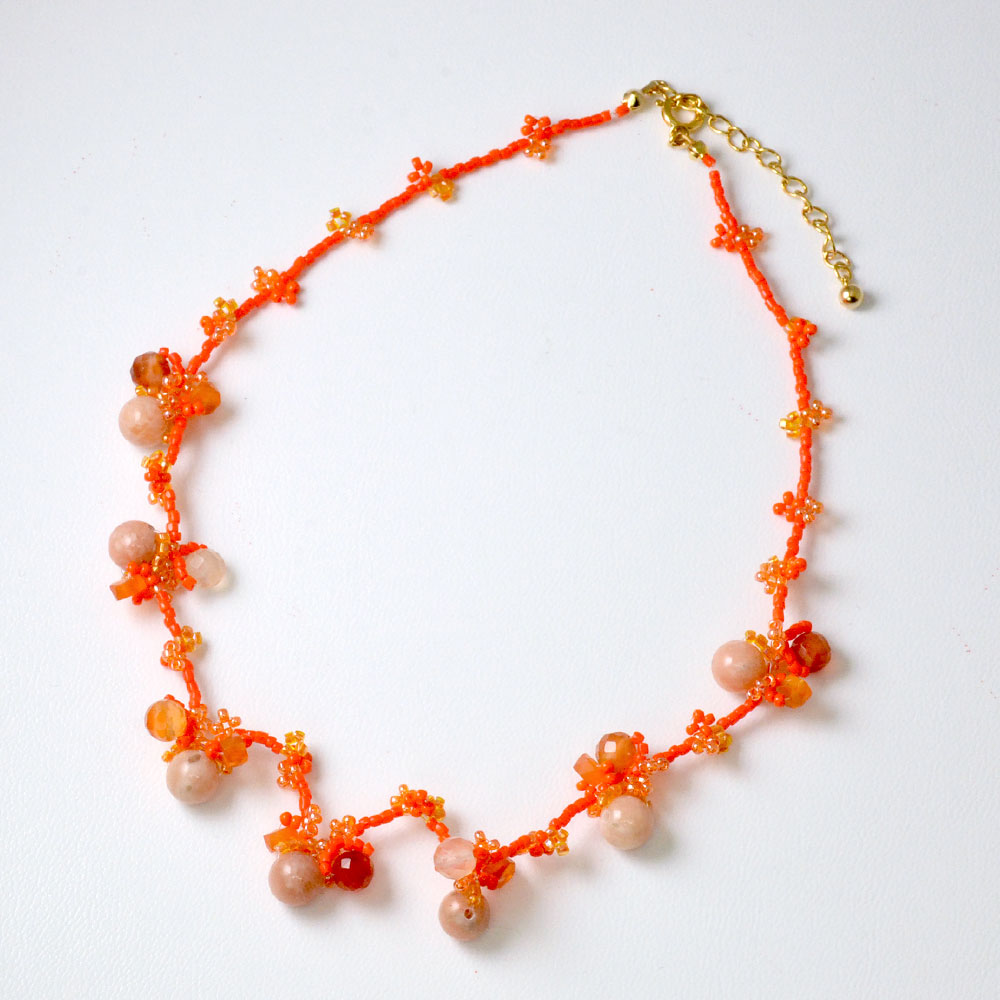 ハンドニット 天然石 ネックレス(オレンジ系・グリーン系・ブルー系)