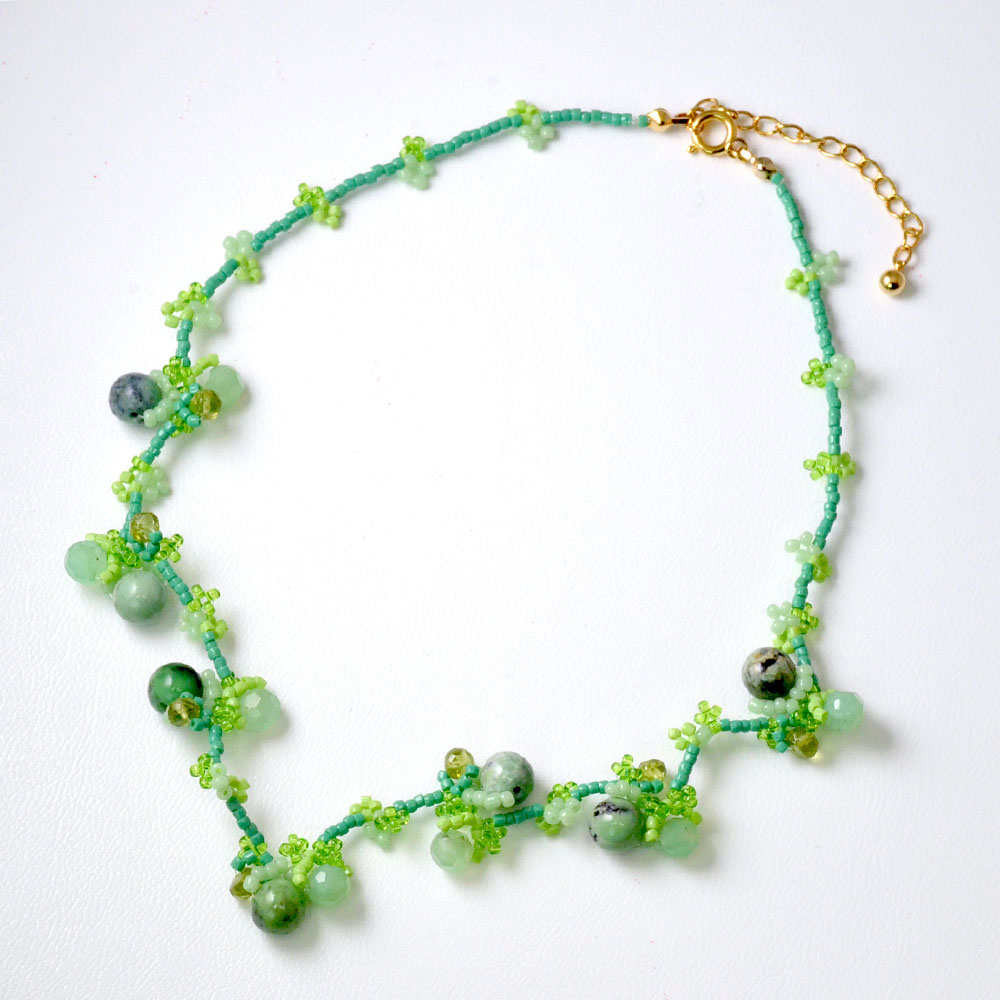 ハンドニット 天然石 ネックレス(オレンジ系・グリーン系・ブルー系)