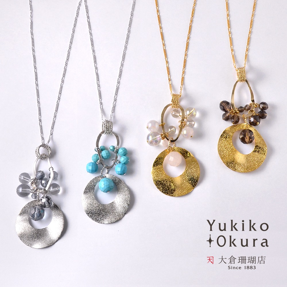 ドーナツ・変形フープ 天然石 フリンジロングペンダント