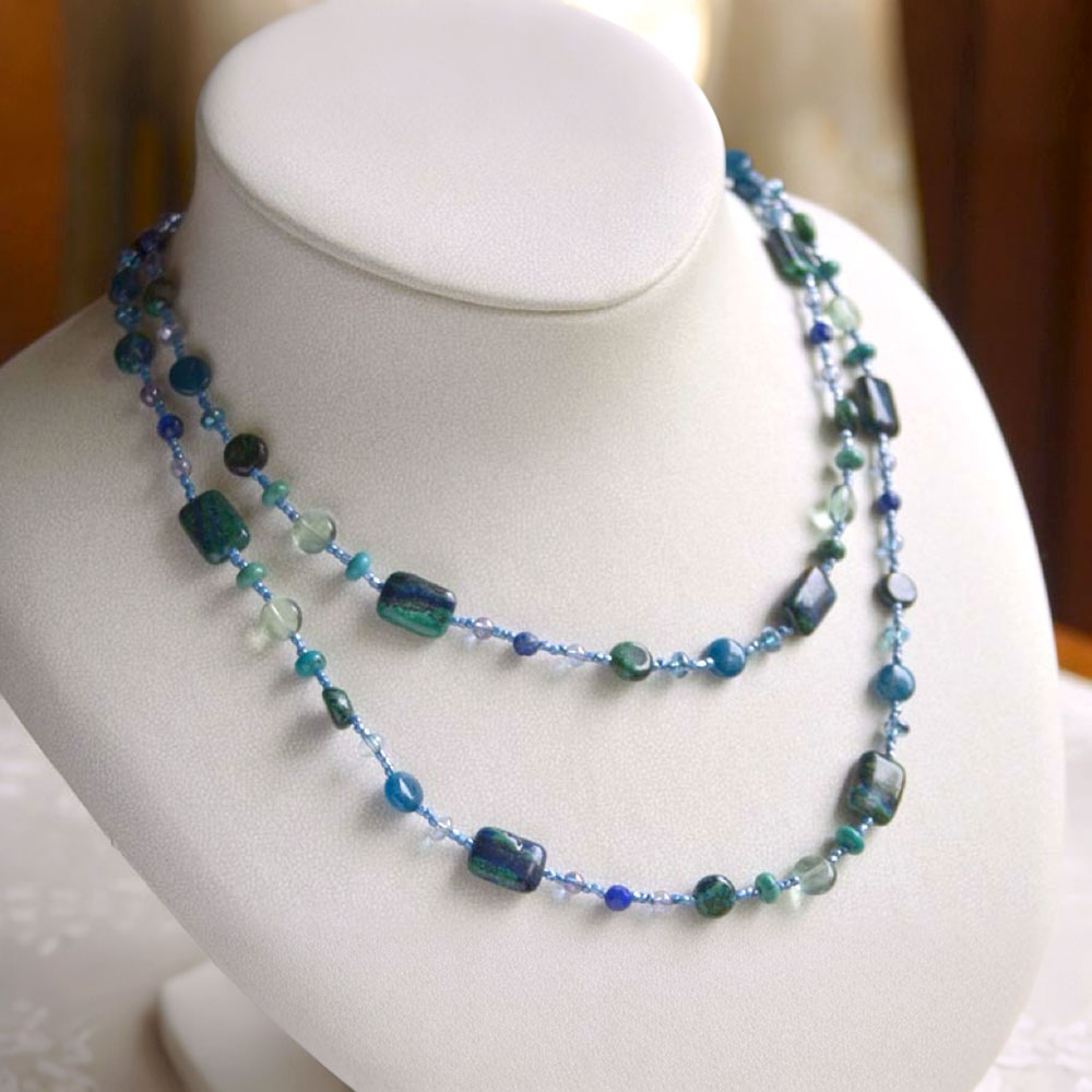 アズライト フローライト ターコイズ ロングネックレス