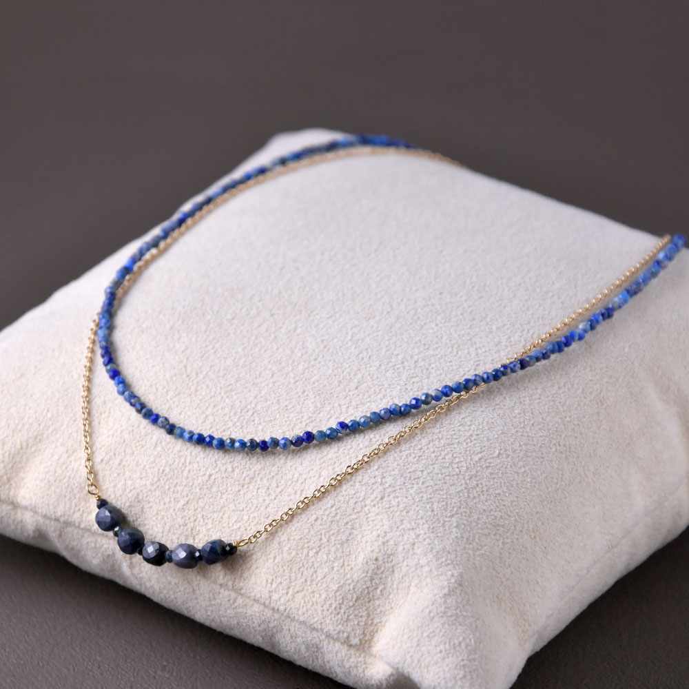 天然石ネックレス + チェーンネックレス 2本セット(ラピスラズリ×ブルーサファイア・ガーネット×パープルサファイア・ペリドット×ターコイズ)