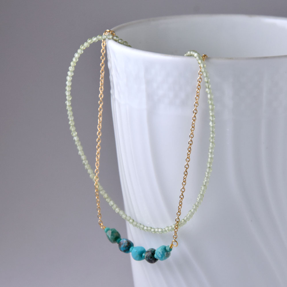 天然石ネックレス + チェーンネックレス 2本セット(ラピスラズリ×ブルーサファイア・ガーネット×パープルサファイア・ペリドット×ターコイズ)