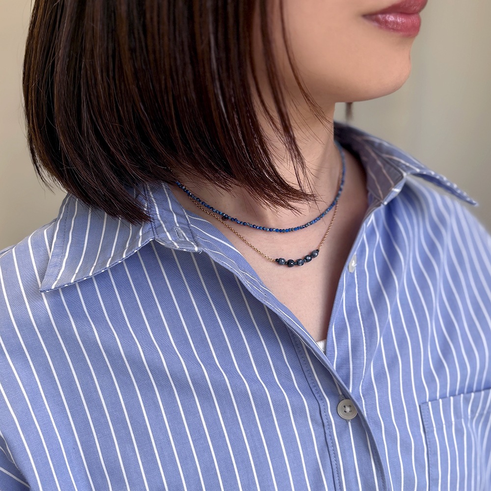 天然石ネックレス + チェーンネックレス 2本セット(ラピスラズリ×ブルーサファイア・ガーネット×パープルサファイア・ペリドット×ターコイズ)