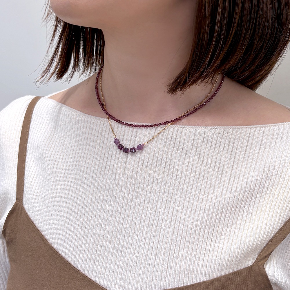 天然石ネックレス + チェーンネックレス 2本セット(ラピスラズリ×ブルーサファイア・ガーネット×パープルサファイア・ペリドット×ターコイズ)