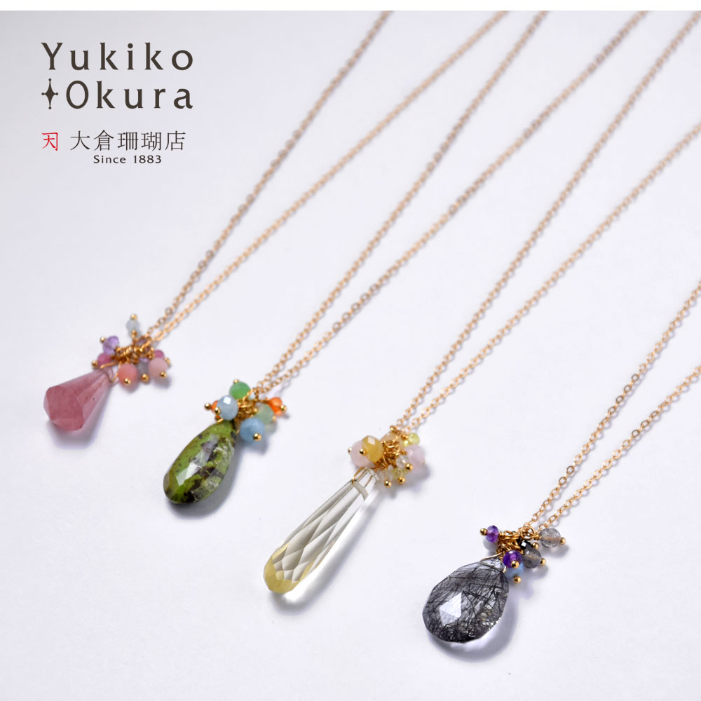 天然石 フリンジ ペンダントネックレス(ストロベリークォーツ・ガスパイト・レモンクォーツ・ブラックルチル)