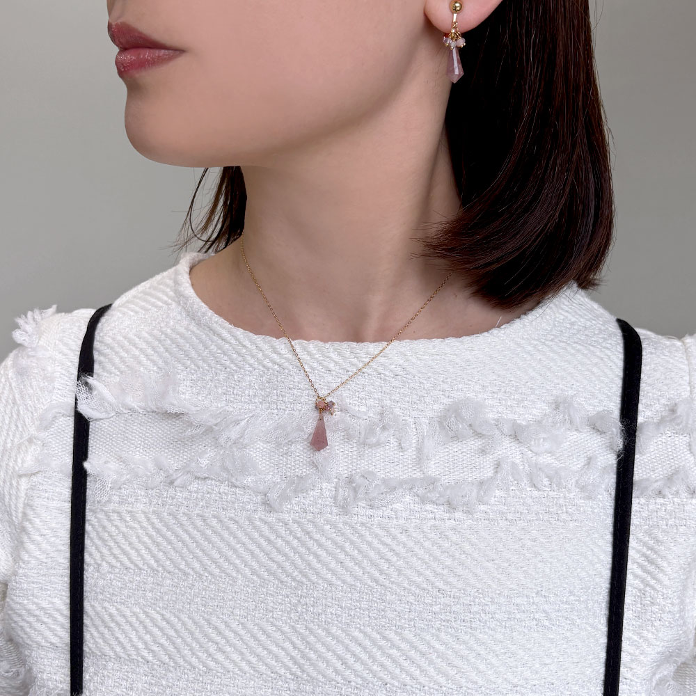 天然石 フリンジ ペンダントネックレス(ストロベリークォーツ・ガスパイト・レモンクォーツ・ブラックルチル)