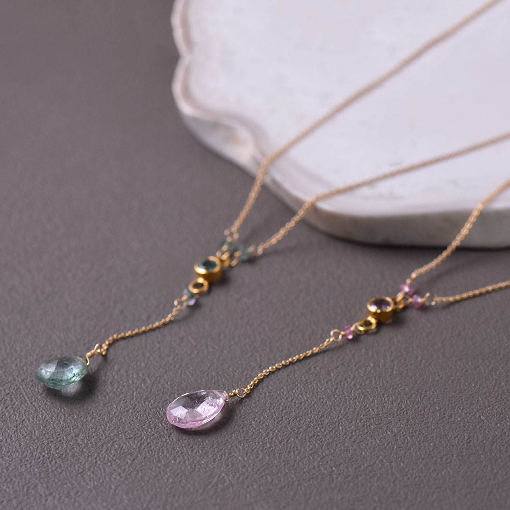 K18 トルマリン Y字ネックレス(ピンク・グリーン・ブラウン・バイカラー)