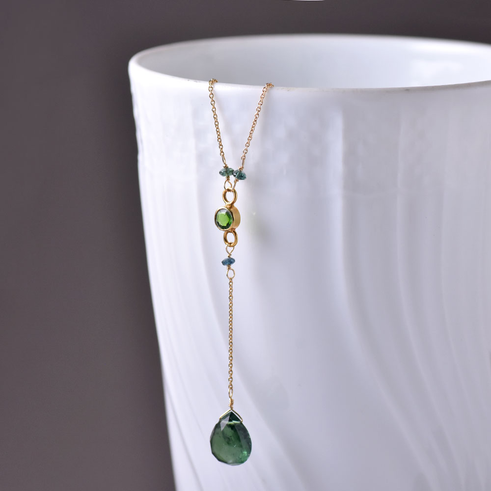 K18 トルマリン Y字ネックレス(ピンク・グリーン・ブラウン・バイカラー)