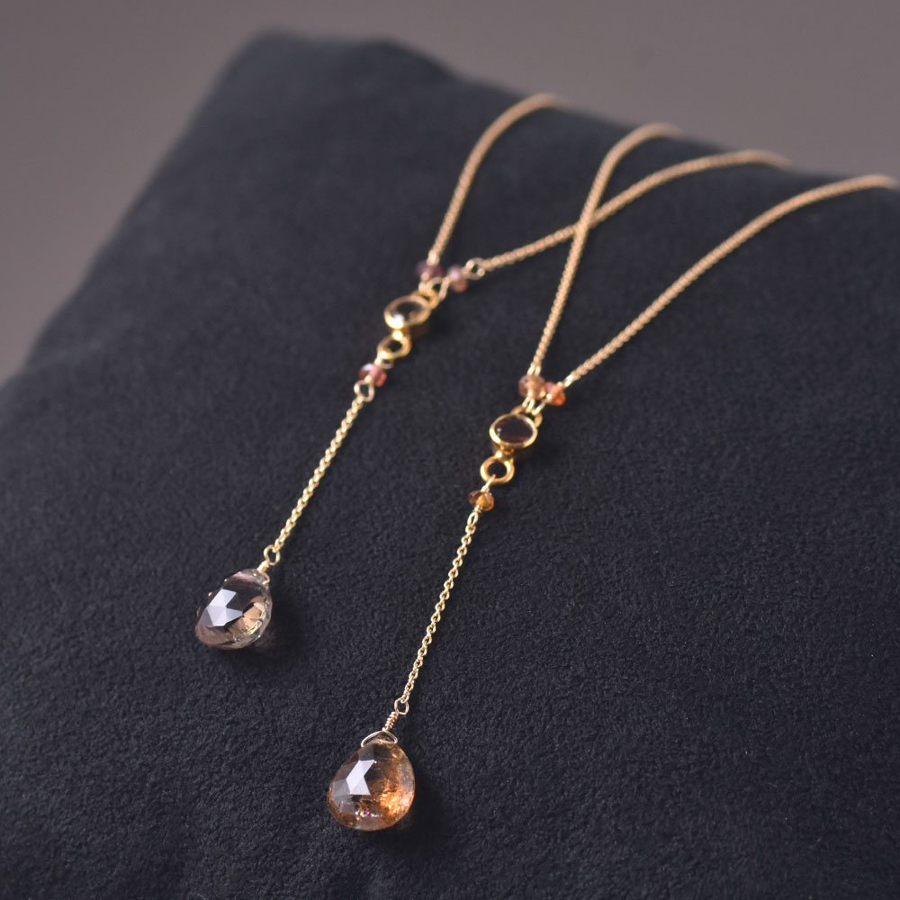 K18 トルマリン Y字ネックレス(ピンク・グリーン・ブラウン・バイカラー)