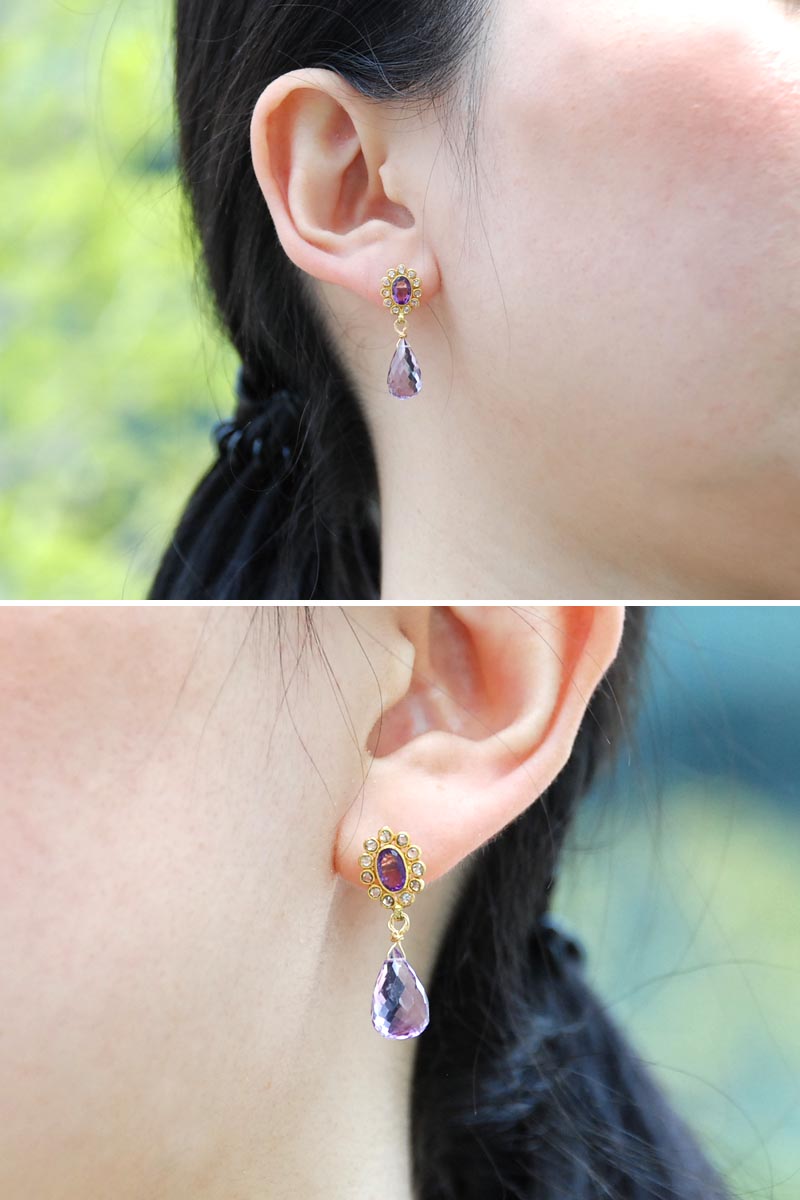 K18 ブラウンダイヤ アメシスト ドロップ ピアス