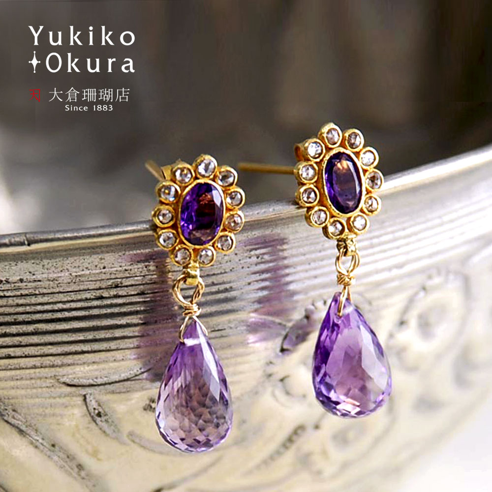 K18 ブラウンダイヤ アメシスト ドロップ ピアス
