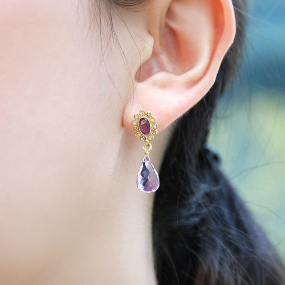 K18 ブラウンダイヤ アメシスト ドロップ ピアス