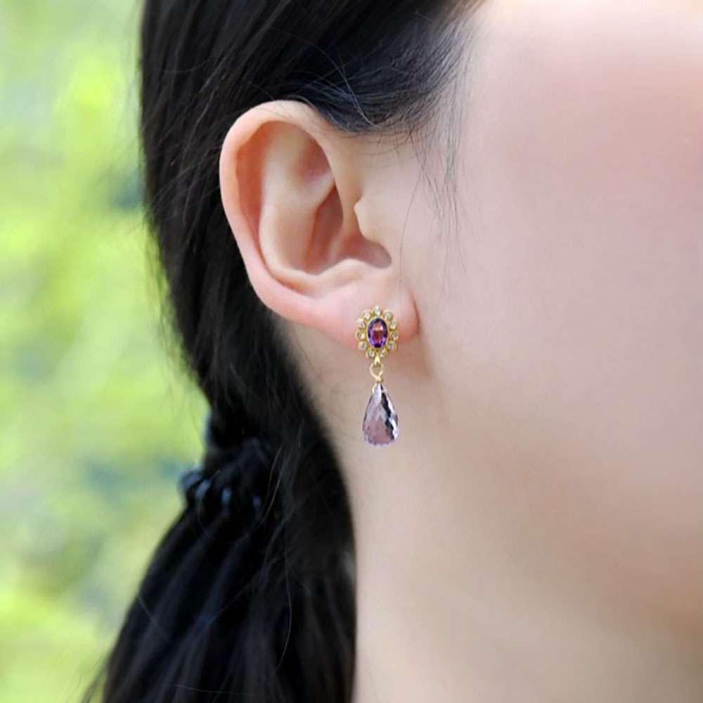 K18 ブラウンダイヤ アメシスト ドロップ ピアス