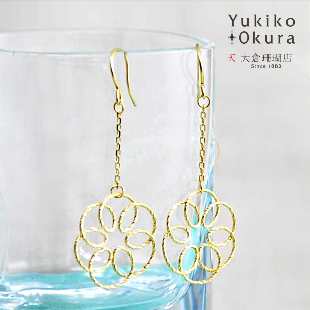 K18 ラウンド フラワー 透かし ピアス イエローゴールド