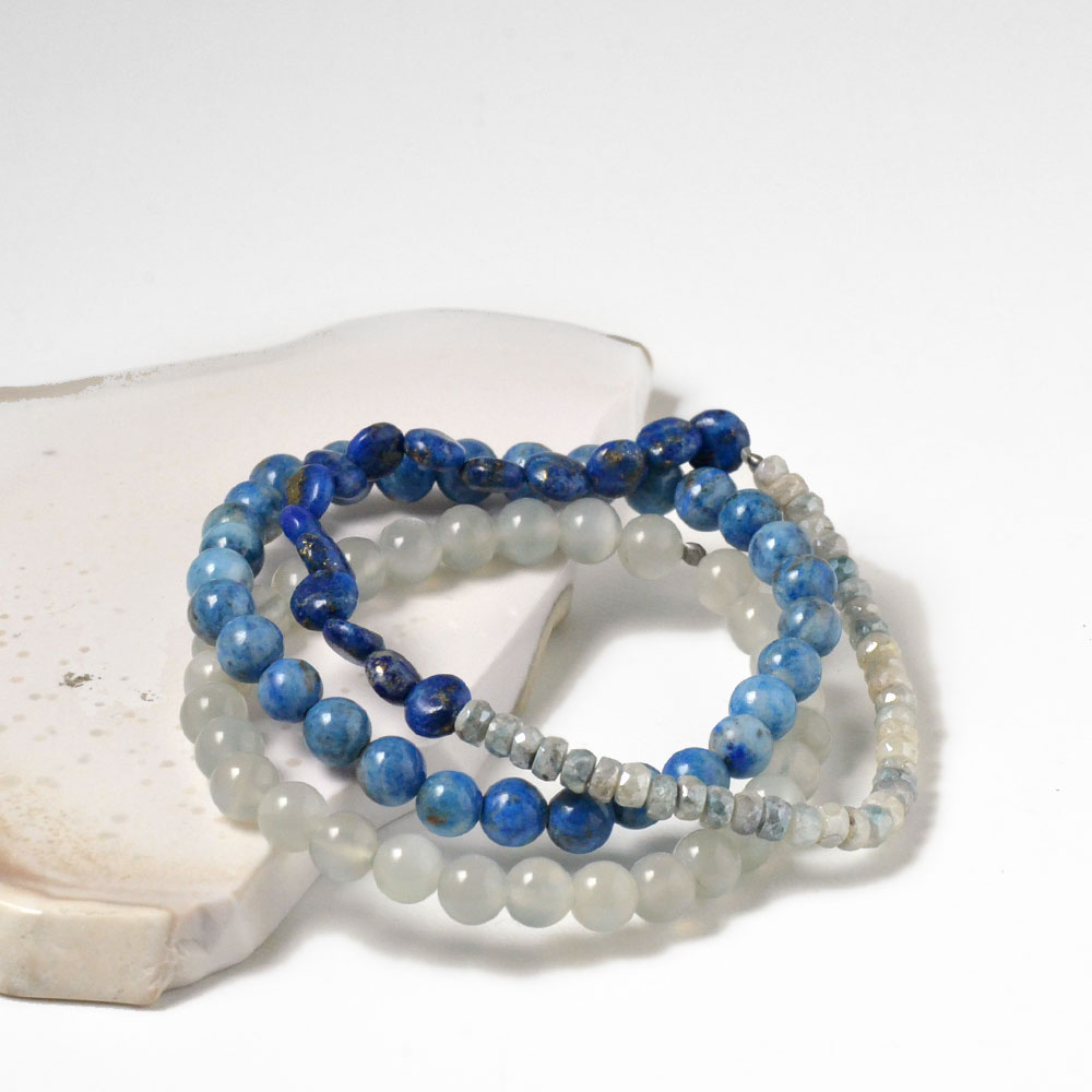 ラピスラズリ ムーンストーン シリマナイト 3連ゴムブレス