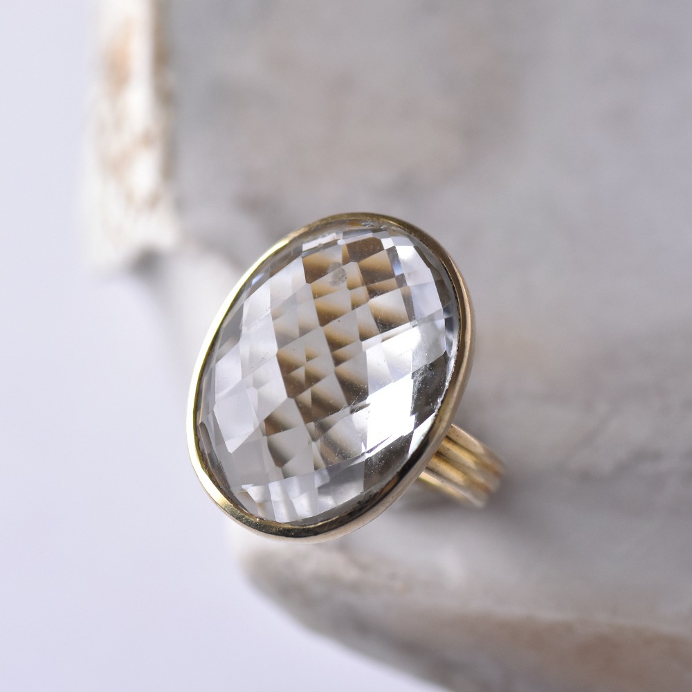 シルバー925 ブルートパーズ・水晶 カット オーバルリング